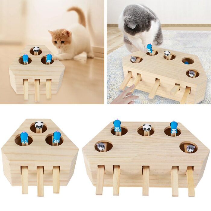 Cat Hunt Toy Chase Mouse Solid Wooden Interactive Maze Brain Game Pet Hit Mouse Hole Catch Bite Toy 4