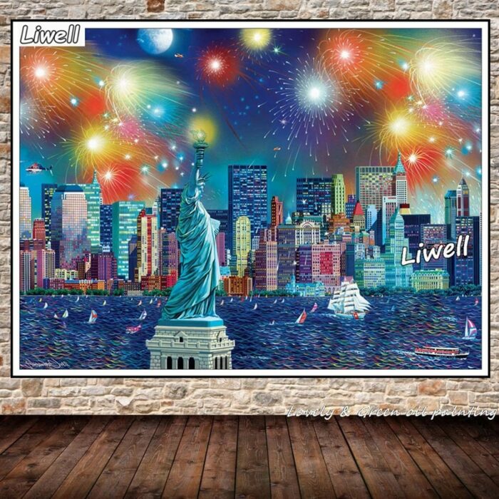 The Statue Of Liberty And Brooklyn Bridge Diamond Embroidery Painting Art New York Landscape Mosaic Cross Stitch Wall Decor 4