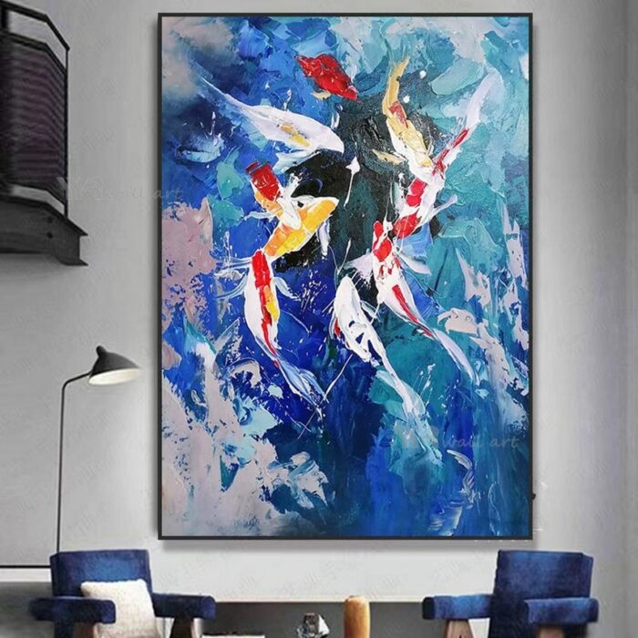 100%Handmade Oil Painting Canvas Wall Art Abstract 9 Fishes Decoration Hanging Picture Living Room Porch Office Restaurant Mural 2