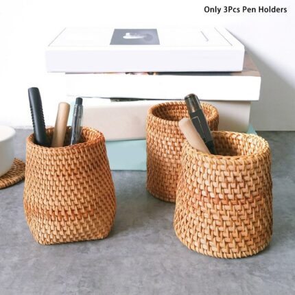 3pcs Practical Rattan Cup Stationery Storage Hand Woven Table Decor Accessories Pen Holders Home Office Makeup Brush Student 1