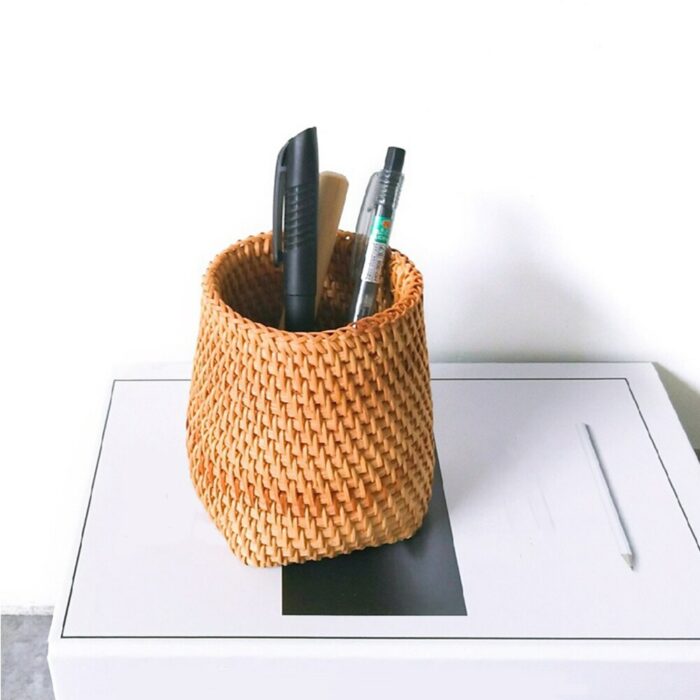 3pcs Practical Rattan Cup Stationery Storage Hand Woven Table Decor Accessories Pen Holders Home Office Makeup Brush Student 4