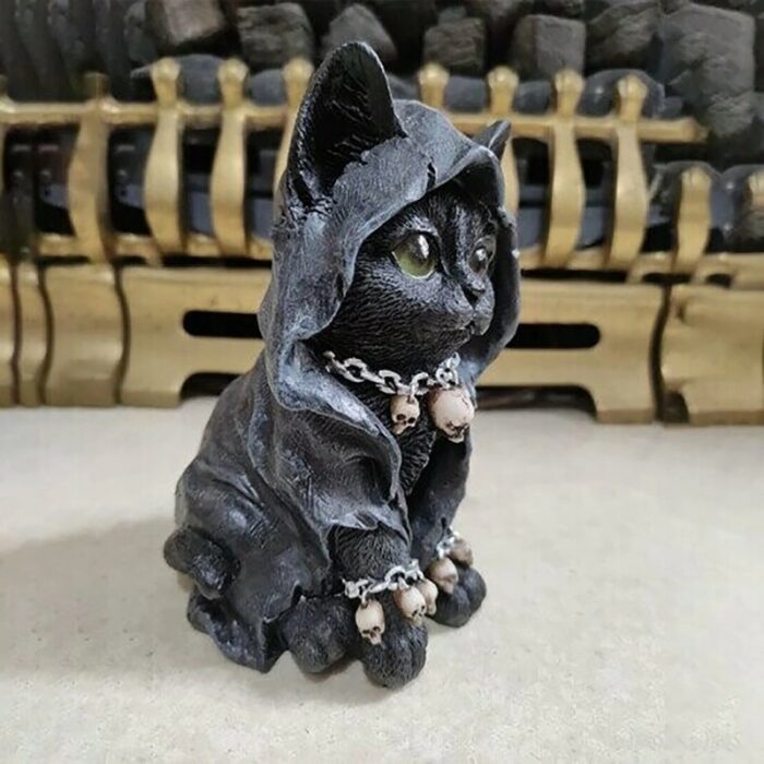 New Cat Statue Witch Grim Reaper Decorative Resin Black Cloak Grim Reaper Feline Micro Decor Garden Home Office 6