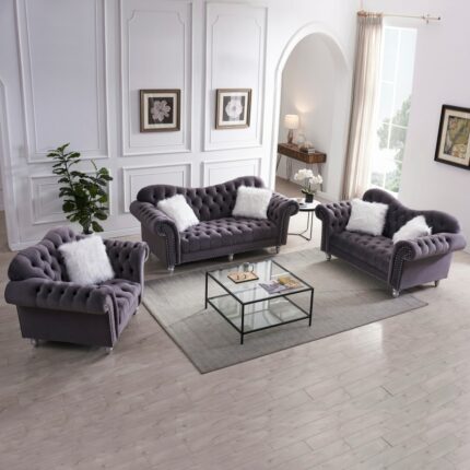 3-Piece Sofa Set Pv Leather Including Three-Seater Sofa, Two-Seater Sofa with Armrests , Backrest Buttons and Copper Nail Gray 1