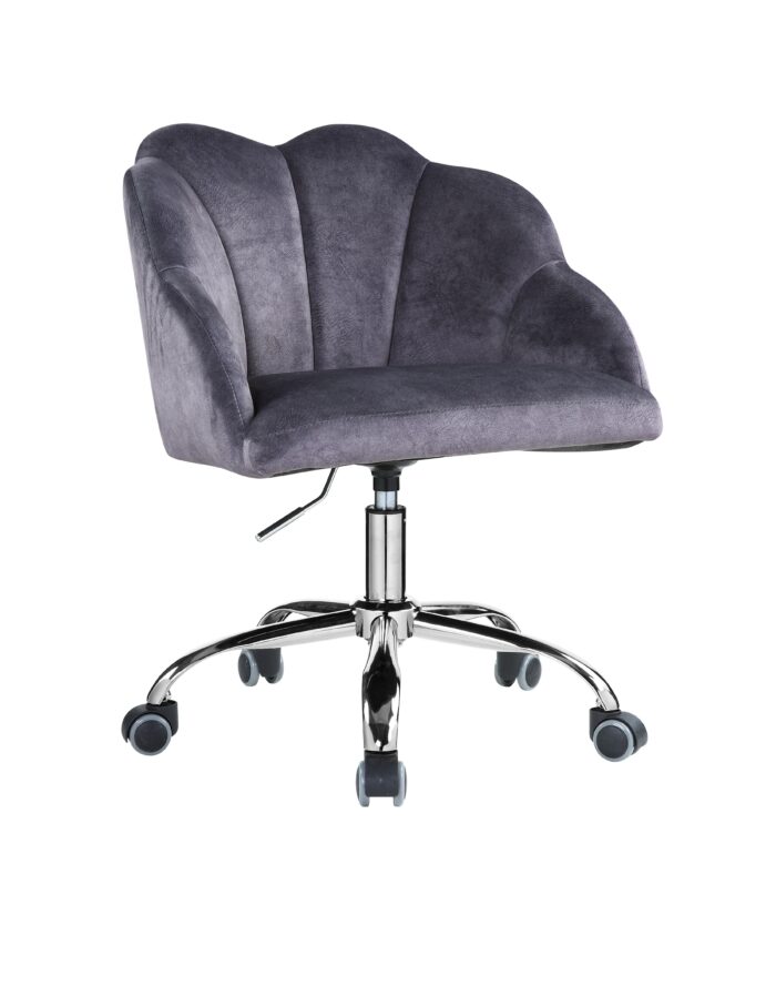 Office Chair Dark Gray Velvet Chrome Finish Room Bedroom 360 Degree Swivel Roller Upholstered Elastic Sponge Fabric Comfortable 3