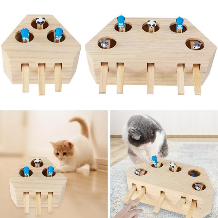 Cat Hunt Toy Chase Mouse Solid Wooden Interactive Maze Brain Game Pet Hit Mouse Hole Catch Bite Toy 3