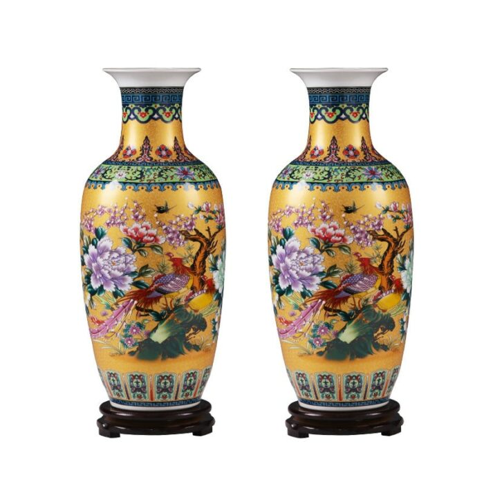 Chinese Palace Ceramic Floor Large Vase+Base Ornaments Home Furnishing Livingroom Tbale Figurines Crafts Office Desk Decoration 6