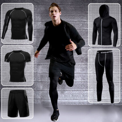 Quick Dry 5PCS Running Set Men Compression Basketball Running Sports Suits Gym Fitness Sportswear Running Jogging Tights Clothes 1