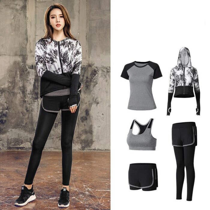 New 5 Pieces Running Sets Women Yoga Sports Suit Jogging Sportswear Female Gym Fitness Tights Running Training Tracksuit Clothes 2