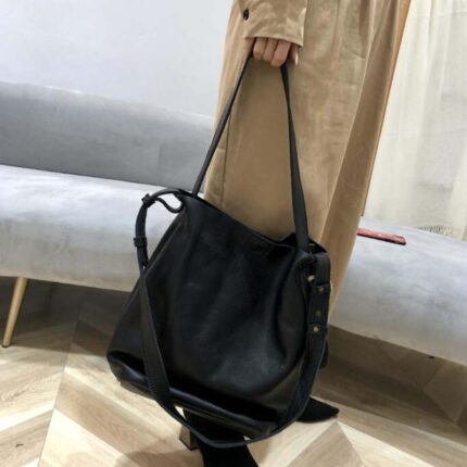 Two Strap Use Genuine Leather Bucket Bag Top Women Handbag High Qualit Capacity Casual Cowhide Shoulder Messenger Bag Retro Bags 1