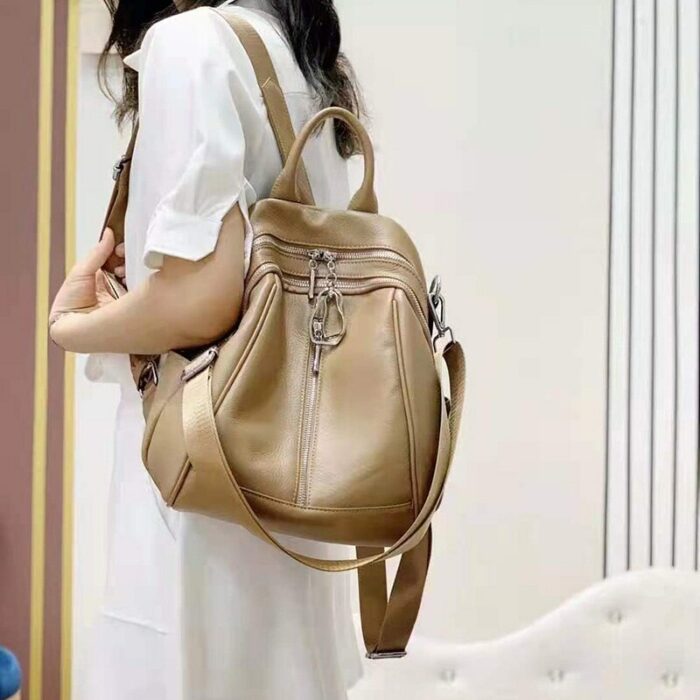 2022 NEW Silver Hardware Genuine Leather Women's Backpack Nature Calfskin Cowhide Large Capacity White Apricot Knapsack Rucksack 5