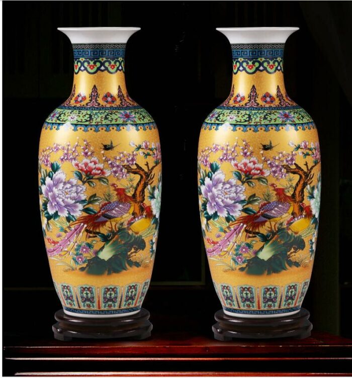 Chinese Palace Ceramic Floor Large Vase+Base Ornaments Home Furnishing Livingroom Tbale Figurines Crafts Office Desk Decoration 2