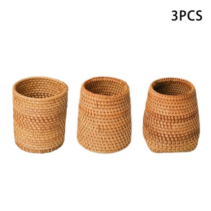 3pcs Practical Rattan Cup Stationery Storage Hand Woven Table Decor Accessories Pen Holders Home Office Makeup Brush Student 2