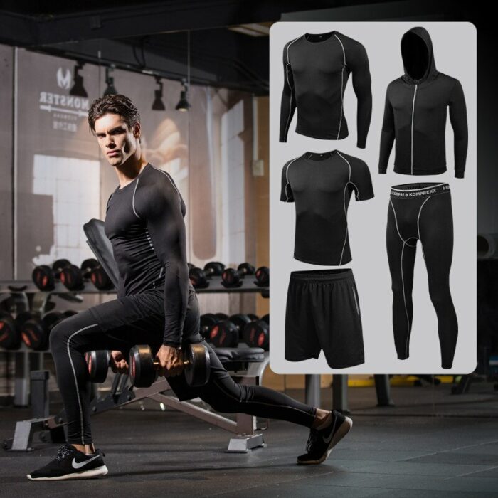 Quick Dry 5PCS Running Set Men Compression Basketball Running Sports Suits Gym Fitness Sportswear Running Jogging Tights Clothes 4