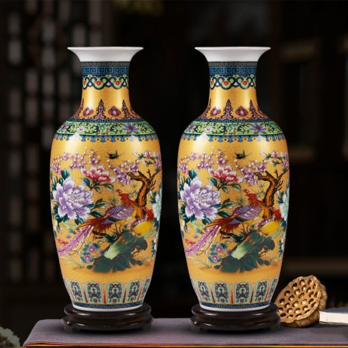 Chinese Palace Ceramic Floor Large Vase+Base Ornaments Home Furnishing Livingroom Tbale Figurines Crafts Office Desk Decoration 1