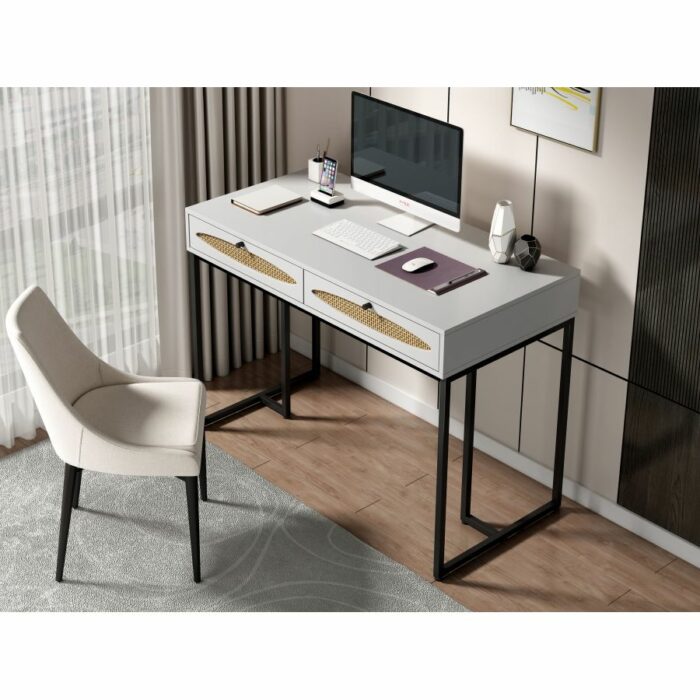 Bedroom home desk makeup table living room decorative table storage table study computer desk with 2 drawers natural rattan modern minimalist style 2