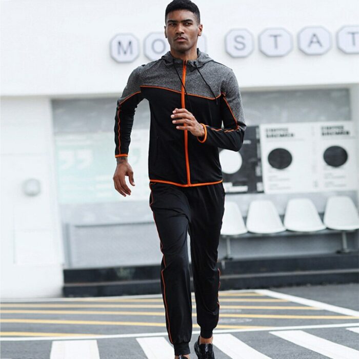 2020 Spring 2 Pieces Running Set with Pocket Men's Quick Dry Sport Suits Elastic Sportswear Gym Fitness Jogging Hooded Tracksuit 2