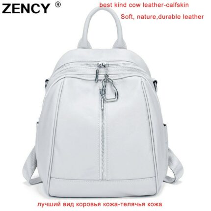 2022 NEW Silver Hardware Genuine Leather Women's Backpack Nature Calfskin Cowhide Large Capacity White Apricot Knapsack Rucksack 1