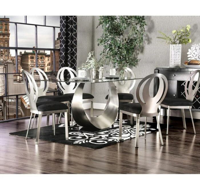 Contemporary 7 Pcs Dining Table Set Strikingly 60 in Elegant Tempered Glass Dining Table and 6 pcs Upholstered Chairs 1