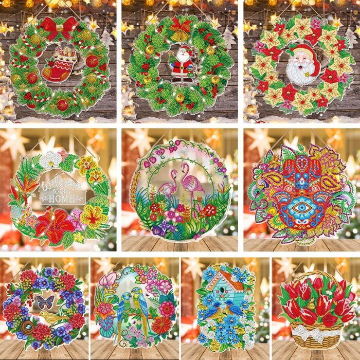 Christmas Diamond Embroidery Kit Special Shaped Drill Diamond Painting Wreath with LED Light diamond Art Home Wall Decor 6