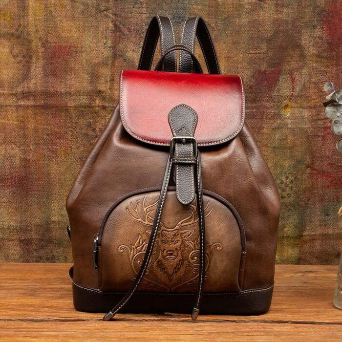 Genuine Leather Women Backpack Knapsack School Book Travel Bag Deer Pattern Retro Embossed Female Real Cowhide Daypack Rucksack 3