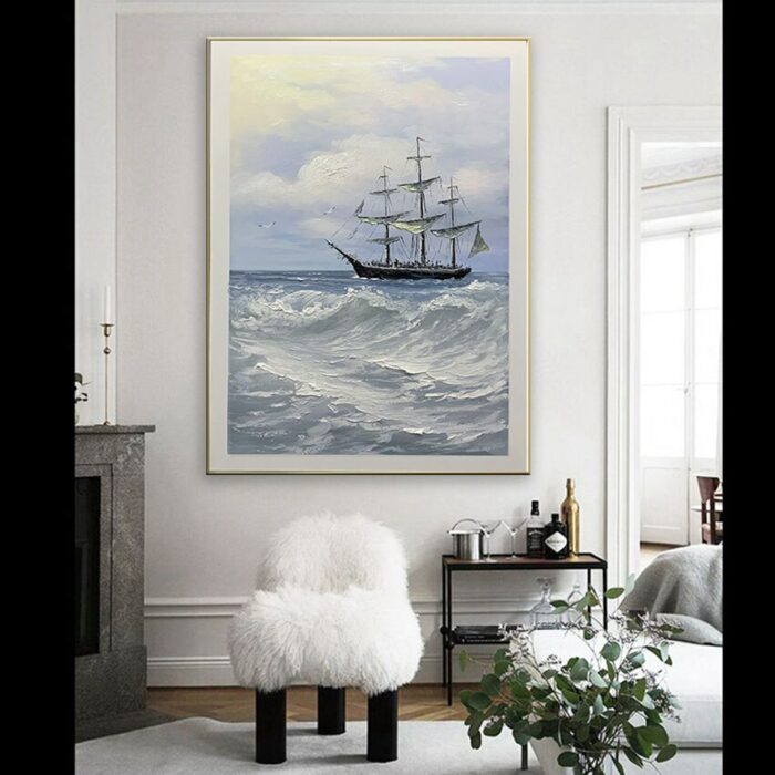 Pure Handmade Oil Painting European Sailboat Decoration Picture For Study Office Porch Corridor Hanging Poster Large Size Mural 4