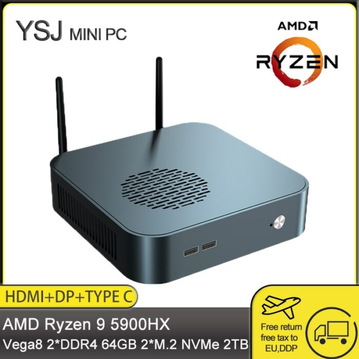 New 7nm AMD Ryzen 9 5900HX 8 Core Gaming Computer 2*DDR4 2*M.2 NVMe HDD Win10/11 4K Radeon Graphics Mini PC AX200 WiFi6 BT 5.1 1