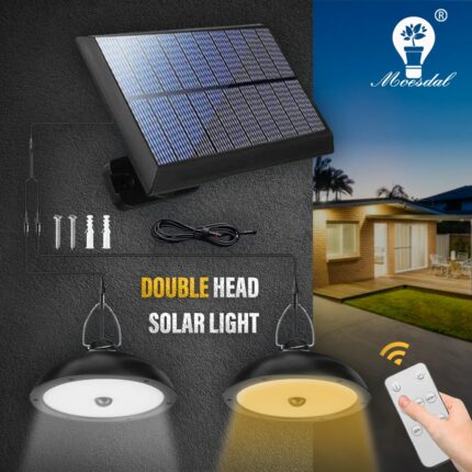 LED Solar Light Outdoor Solar Double Head Chandelier IP65 Waterproof with Remote Control Human Body Induction Garden Wall Light 1