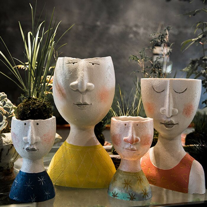 Face Head Flower Planter Resin Flower Pot Vase With Drain Holes Succulent Cactus Container Tabletop Decor Office Home Decor 1