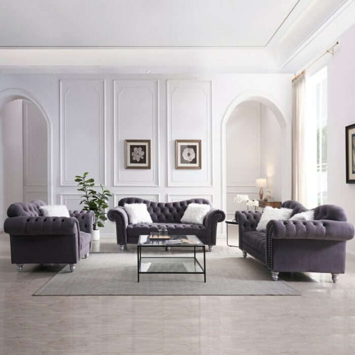 3-Piece Sofa Set Pv Leather Including Three-Seater Sofa, Two-Seater Sofa with Armrests , Backrest Buttons and Copper Nail Gray 2