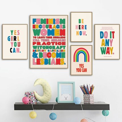 Feminism Motivational Quote Canvas Painting Rainbow Prints Girl Boss Poster Kids Positive Pride Colorful Wall Art Office Decor 1