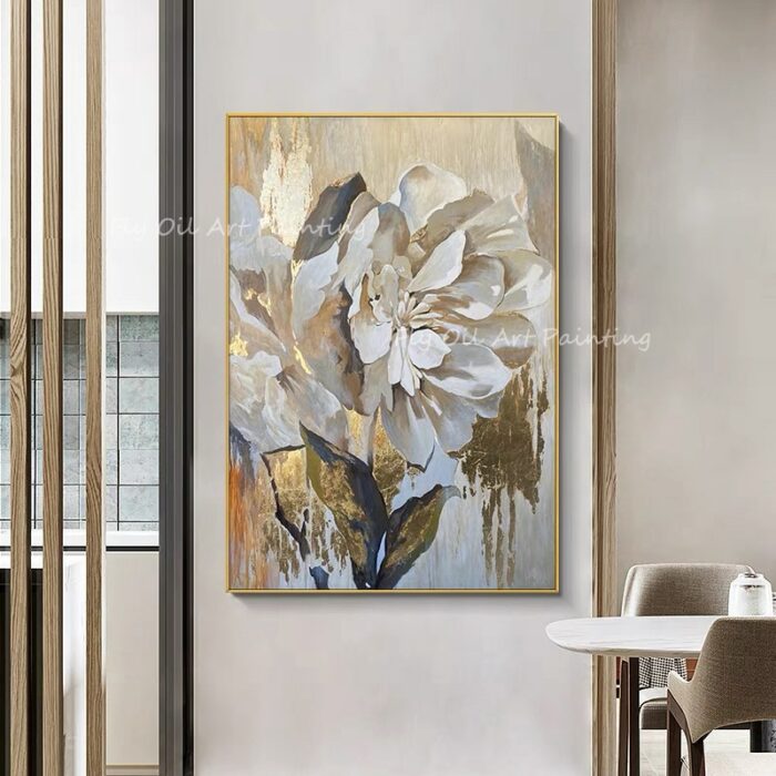 Large Size Modern Abstract 100% Handpainted Gold Foil Flower Brown Canvas Oil Painting For Office Living Room Decoration Gift 2