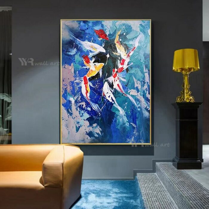 100%Handmade Oil Painting Canvas Wall Art Abstract 9 Fishes Decoration Hanging Picture Living Room Porch Office Restaurant Mural 4