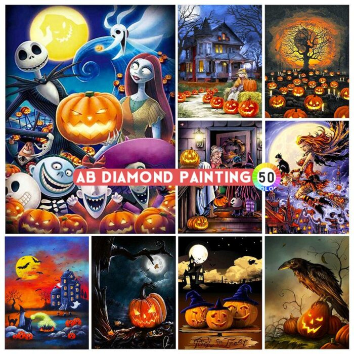 5D Diamond Painting Holiday Halloween Pumpkin Witch Diamond Mosaic AB Cross Stitch Kit Rhinestone Picture Art Home Decoration 1