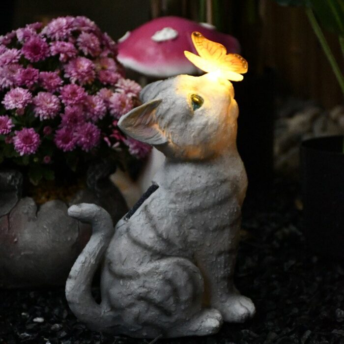 LED Solar Garden Lights with Solar Panel cat and butterfly figurine resin sculpture Outdoor Garden Ornament Decor Solar Lights 2