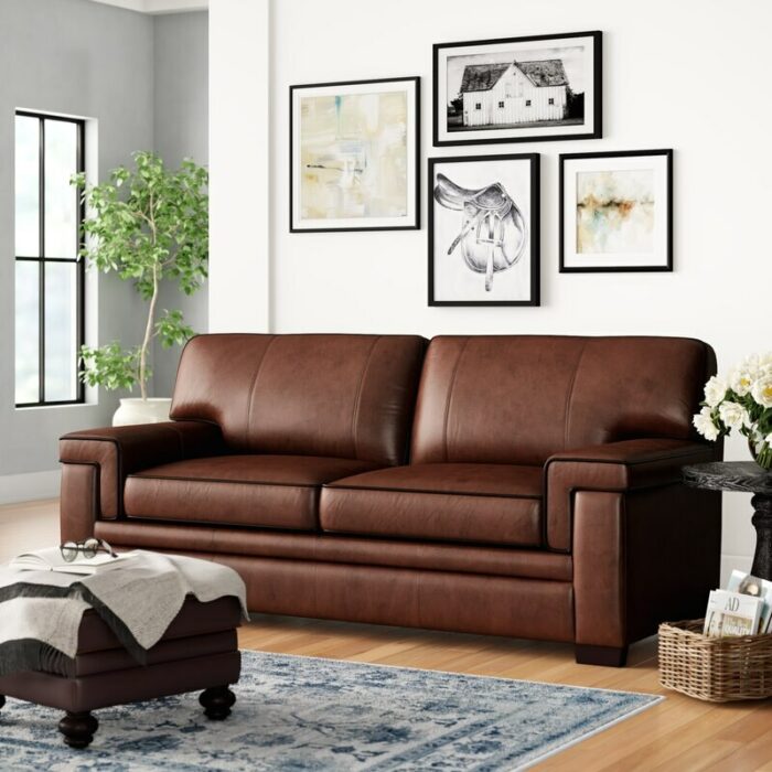 85'' Genuine Leather Pillow Top Arm Sofa Living Room Interior Furniture Simple Modern Retro Two-Seater 1