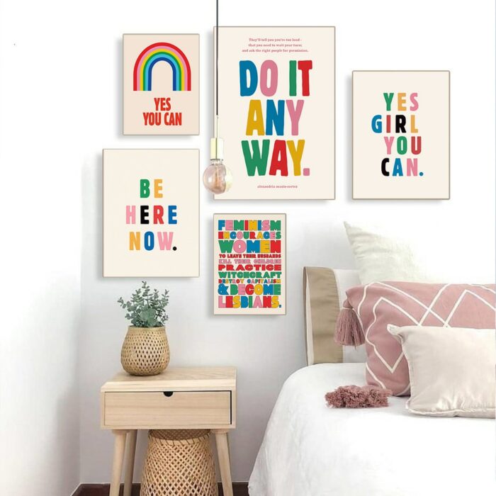 Feminism Motivational Quote Canvas Painting Rainbow Prints Girl Boss Poster Kids Positive Pride Colorful Wall Art Office Decor 4