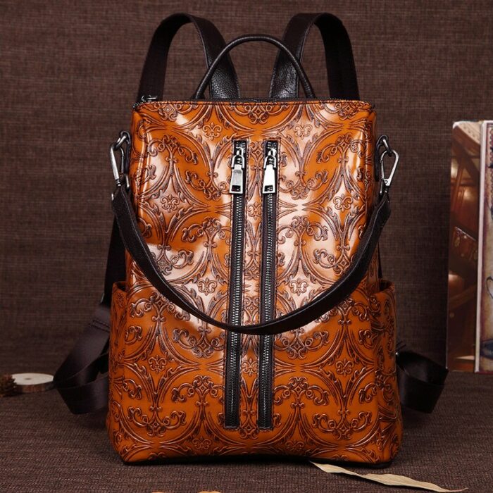 Women Embossed Rucksack First Layer Cowhide Knapsack Girls School Bag Female Daypack Travel Genuine Leather Ladies Backpack New 1