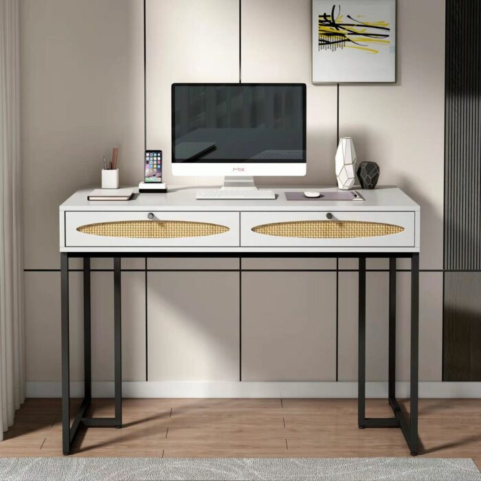 Bedroom home desk makeup table living room decorative table storage table study computer desk with 2 drawers natural rattan modern minimalist style 1