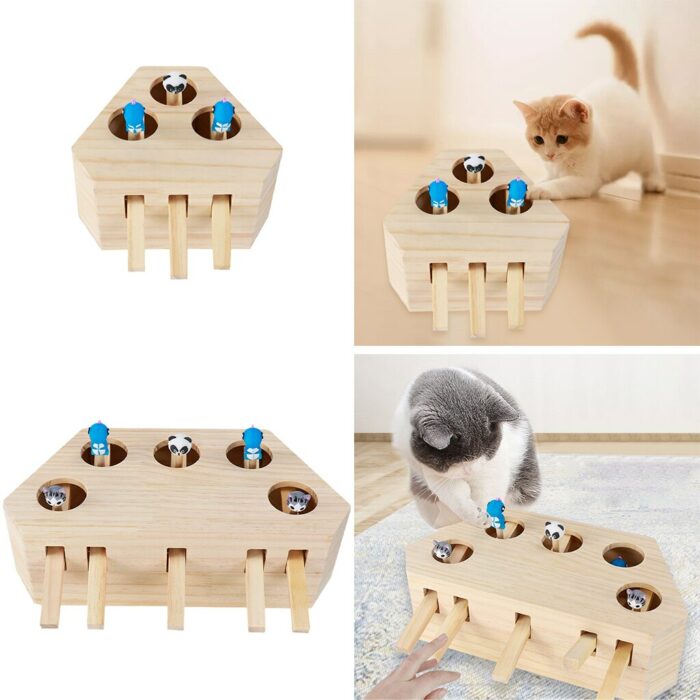 Cat Hunt Toy Chase Mouse Solid Wooden Interactive Maze Brain Game Pet Hit Mouse Hole Catch Bite Toy 5