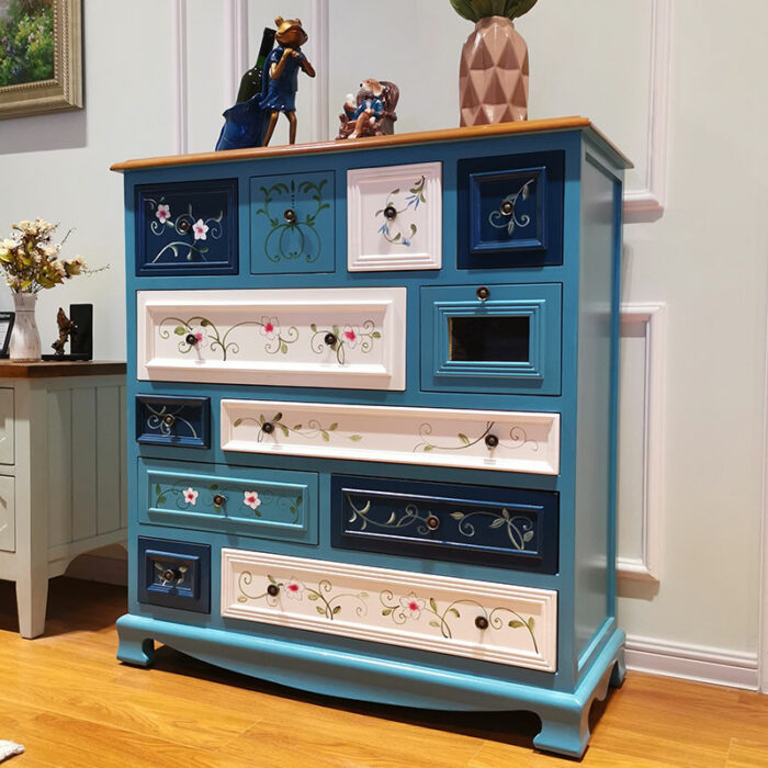 American-Style Chest of Drawers Locker Hallway Blue Living Room Cabinet Solid Wood Mediterranean Twelve Bucket Bedroom Storage 1