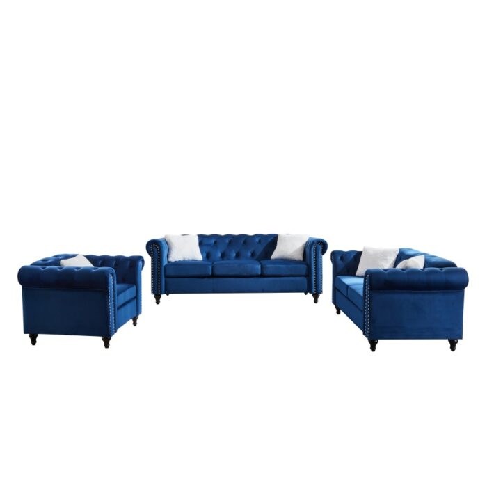 3 Piece Living Room Sofa Set, including 3-seater sofa, loveseat and sofa chair, with button and copper nail on arms and back 2