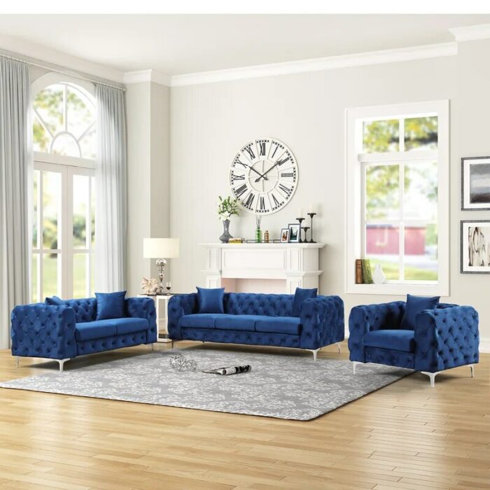 3 Piece Living Room Sofa Set, including 3-seater sofa, loveseat and sofa chair, with button and copper nail on arms and back 3