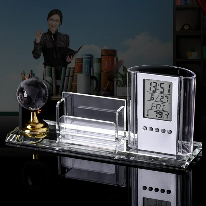 New Modern Crystal Glass Fantastic Pen Holder with Globe Calendar Clock Temperature Office Home Decoration Gift for Leader 1