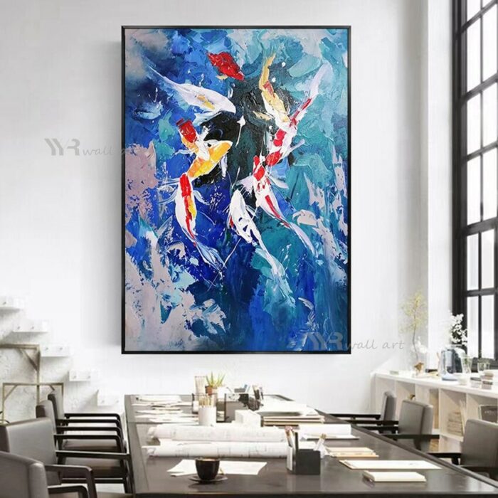 100%Handmade Oil Painting Canvas Wall Art Abstract 9 Fishes Decoration Hanging Picture Living Room Porch Office Restaurant Mural 6