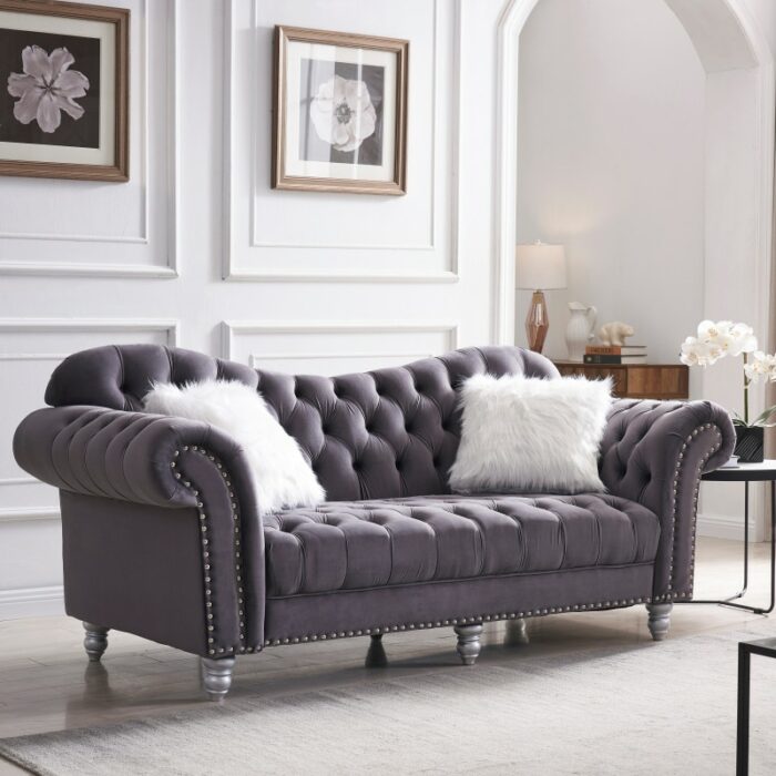 3-Piece Sofa Set Pv Leather Including Three-Seater Sofa, Two-Seater Sofa with Armrests , Backrest Buttons and Copper Nail Gray 3