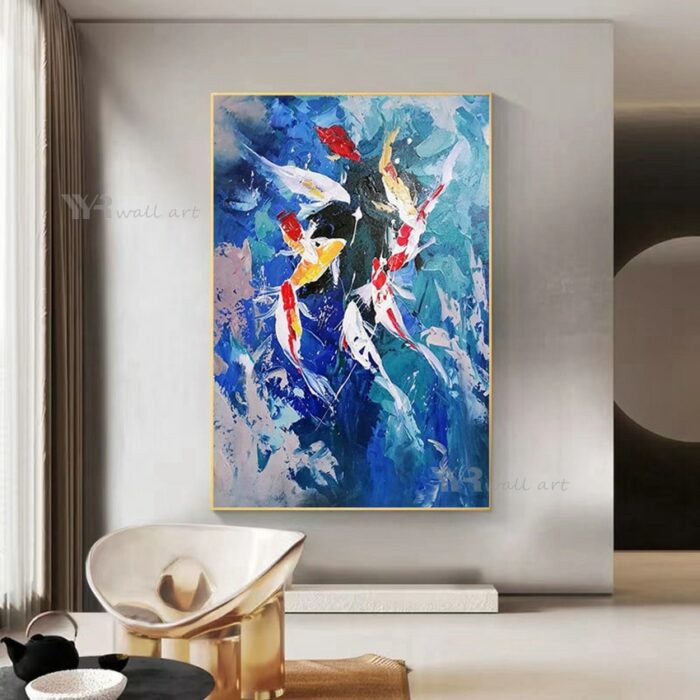 100%Handmade Oil Painting Canvas Wall Art Abstract 9 Fishes Decoration Hanging Picture Living Room Porch Office Restaurant Mural 5