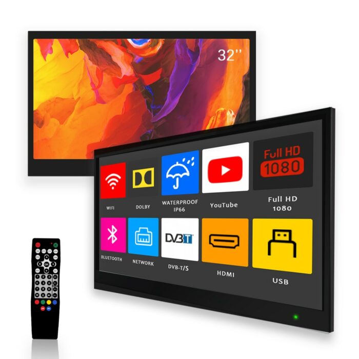 Soulaca 32 Inch Black Waterproof TV for Bathroom Smart LED Television Remote Control Full HD 1080P Bluetooth 1