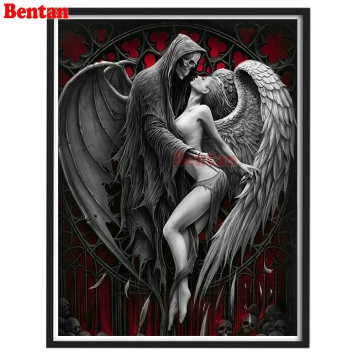 Full Square Round Drill Diamond Painting Dark skull angel couple Mosaic Needlework Art Puzzle Diamond Embroidery Halloween Gift 1