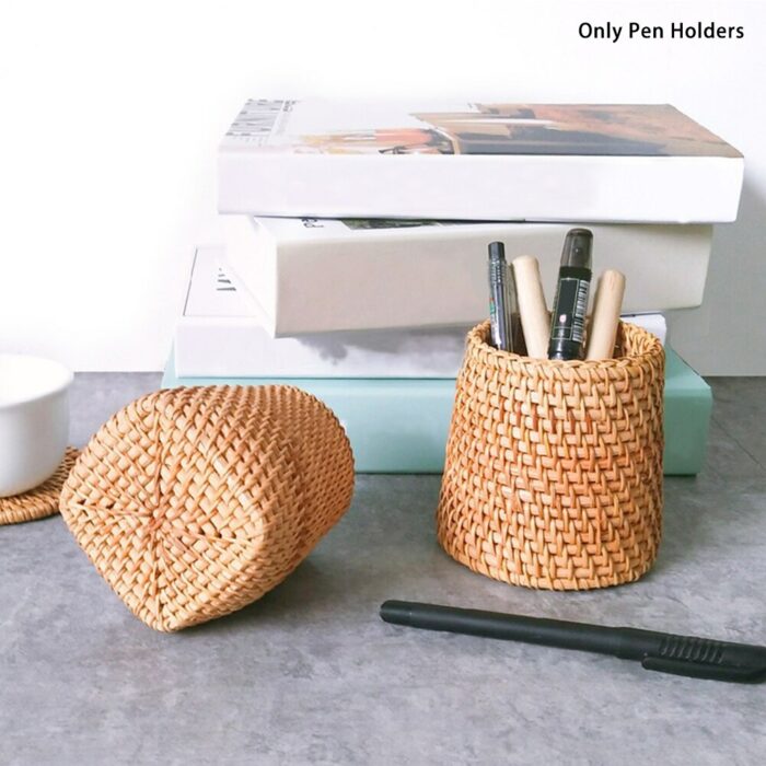 3pcs Practical Rattan Cup Stationery Storage Hand Woven Table Decor Accessories Pen Holders Home Office Makeup Brush Student 3