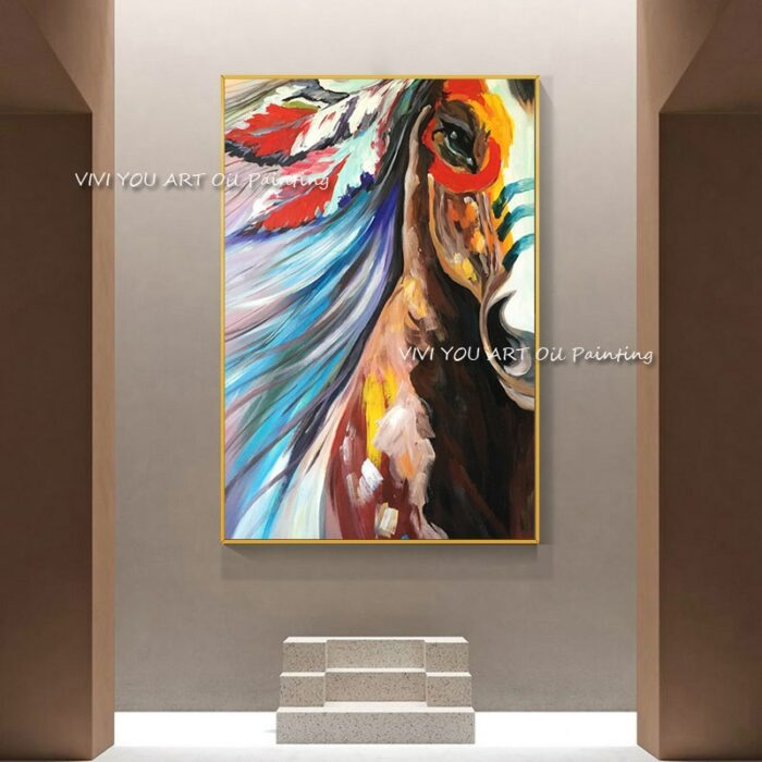 New Handmade Colorful Indian Horse Mural Oil Painting On Canvas Animal Wall Arts Picture For Office Living Room Creative Decor 2